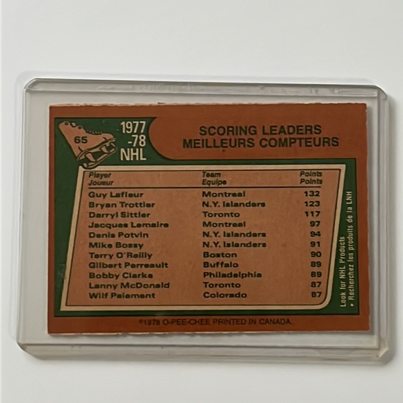 1978-79 O-Pee-Chee #65 77-78 Scoring Leaders (Guy Lafleur, Trottier, Sittler) - Picture 2 of 2